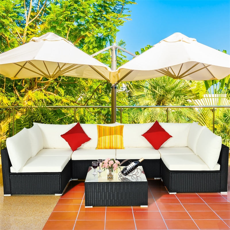 7 Piece Wicker Outdoor Sectional Sofa Rattan Patio Conversation Set Garden Lawn Furniture Set with Glass Coffee Table, Pillows & Cushions