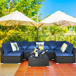 7 Piece Wicker Outdoor Sectional Sofa Rattan Patio Conversation Set Garden Lawn Furniture Set with Glass Coffee Table, Pillows & Cushions