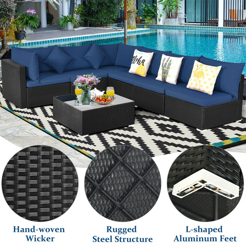 7 Piece Wicker Outdoor Sectional Sofa Rattan Patio Conversation Set Garden Lawn Furniture Set with Glass Coffee Table, Pillows & Cushions