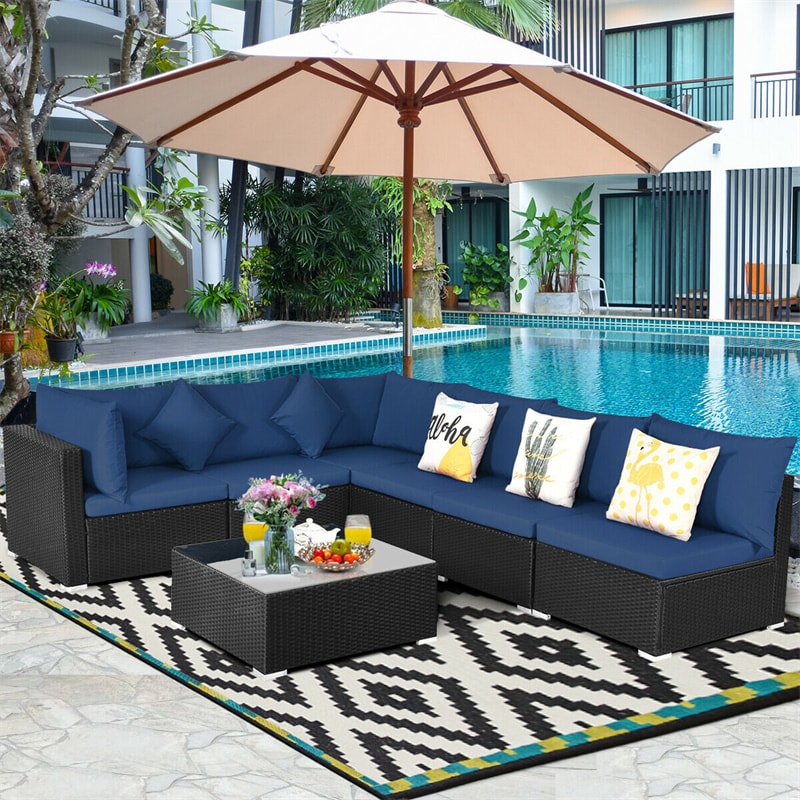 7 Piece Wicker Outdoor Sectional Sofa Rattan Patio Conversation Set Garden Lawn Furniture Set with Glass Coffee Table, Pillows & Cushions