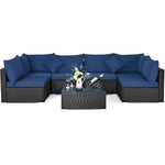 7 Piece Wicker Outdoor Sectional Sofa Rattan Patio Conversation Set Garden Lawn Furniture Set with Glass Coffee Table, Pillows & Cushions