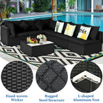 7 Piece Wicker Outdoor Sectional Sofa Rattan Patio Conversation Set Garden Lawn Furniture Set with Glass Coffee Table, Pillows & Cushions