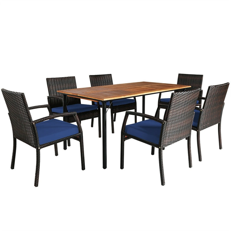 7 Piece Patio Wicker Dining Set Outdoor Acacia Wood Dining Furniture Set with Umbrella Hole & Steel Rattan Armchairs