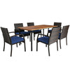 7 Piece Patio Wicker Dining Set Outdoor Acacia Wood Dining Furniture Set with Umbrella Hole & Steel Rattan Armchairs