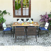 7 Piece Patio Wicker Dining Set Outdoor Acacia Wood Dining Furniture Set with Umbrella Hole & Steel Rattan Armchairs