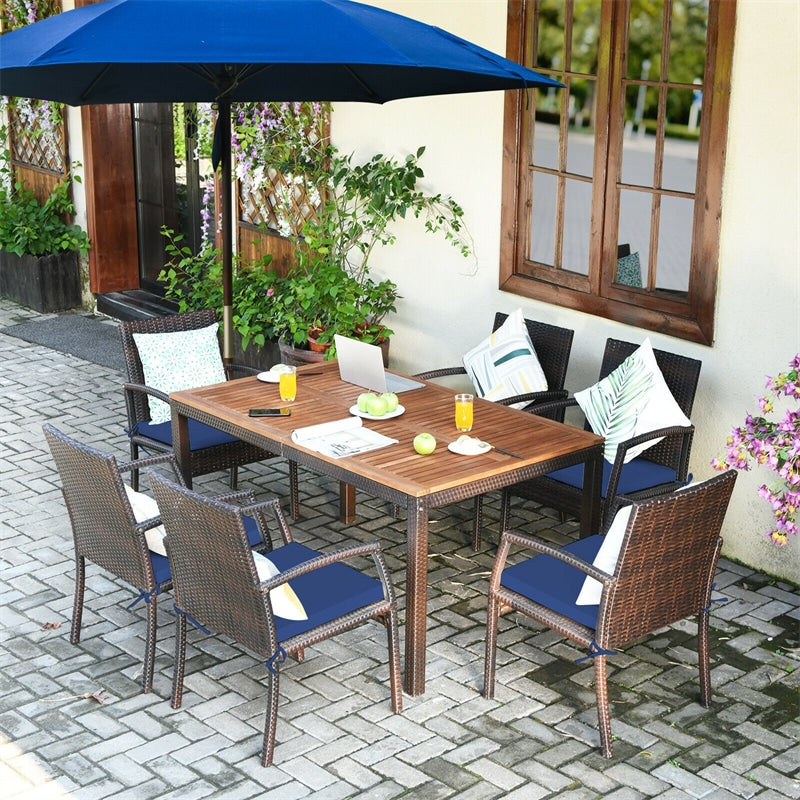 7 Piece Patio Wicker Dining Set Outdoor Acacia Wood Dining Furniture Set with Umbrella Hole & Steel Rattan Armchairs