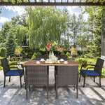 7 Piece Patio Wicker Dining Set Outdoor Acacia Wood Dining Furniture Set with Umbrella Hole & Steel Rattan Armchairs