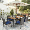 7 Piece Patio Wicker Dining Set Outdoor Acacia Wood Dining Furniture Set with Umbrella Hole & Steel Rattan Armchairs