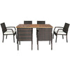 7 Piece Patio Wicker Dining Set Outdoor Acacia Wood Dining Furniture Set with Umbrella Hole & Steel Rattan Armchairs