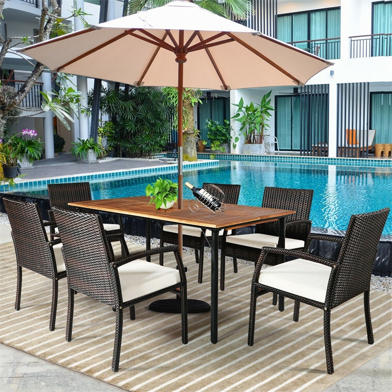 7 Piece Patio Wicker Dining Set Outdoor Acacia Wood Dining Furniture Set with Umbrella Hole & Steel Rattan Armchairs