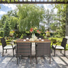 7 Piece Patio Wicker Dining Set Outdoor Acacia Wood Dining Furniture Set with Umbrella Hole & Steel Rattan Armchairs