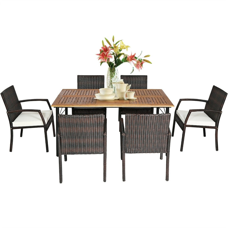 7 Piece Patio Wicker Dining Set Outdoor Acacia Wood Dining Furniture Set with Umbrella Hole & Steel Rattan Armchairs