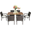 7 Piece Patio Wicker Dining Set Outdoor Acacia Wood Dining Furniture Set with Umbrella Hole & Steel Rattan Armchairs