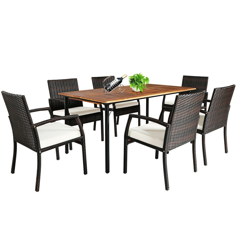 7 Piece Patio Wicker Dining Set Outdoor Acacia Wood Dining Furniture Set with Umbrella Hole & Steel Rattan Armchairs