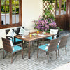 7 Piece Patio Wicker Dining Set Outdoor Acacia Wood Dining Furniture Set with Umbrella Hole & Steel Rattan Armchairs