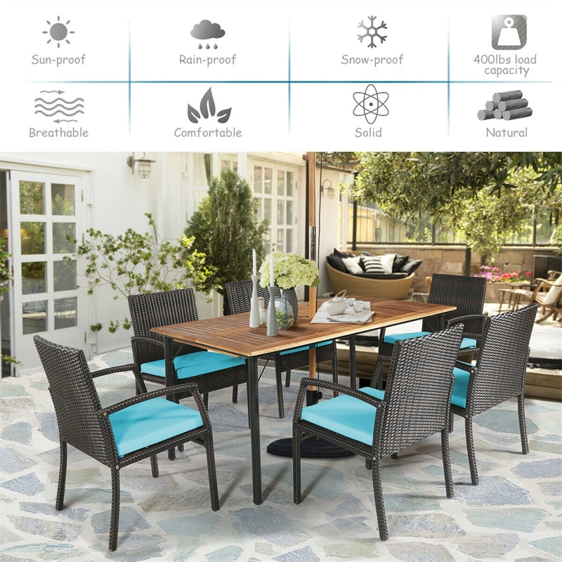 7 Piece Patio Wicker Dining Set Outdoor Acacia Wood Dining Furniture Set with Umbrella Hole & Steel Rattan Armchairs