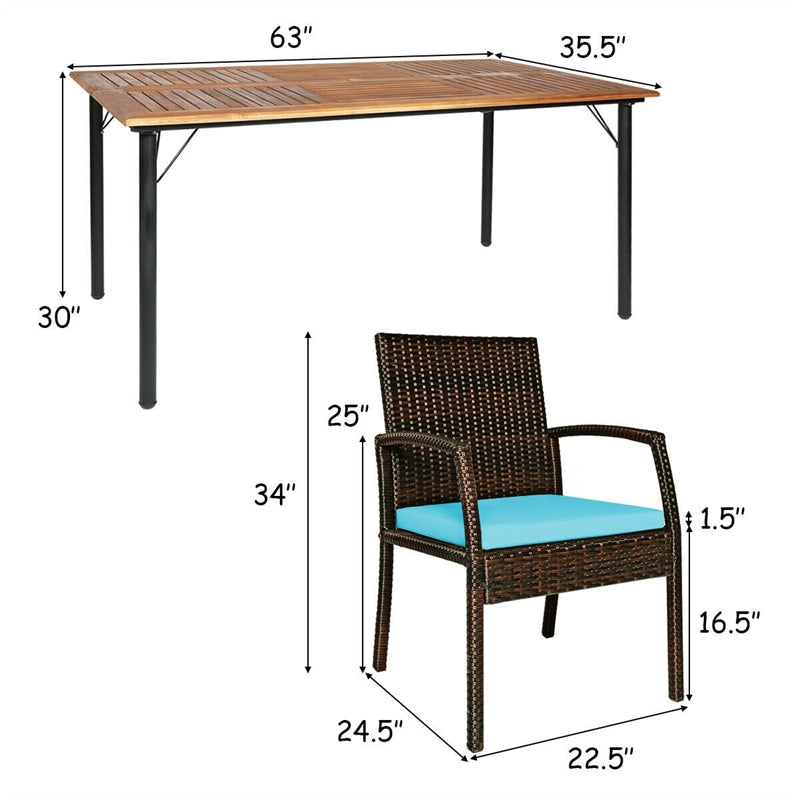 7 Piece Patio Wicker Dining Set Outdoor Acacia Wood Dining Furniture Set with Umbrella Hole & Steel Rattan Armchairs