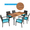 7 Piece Patio Wicker Dining Set Outdoor Acacia Wood Dining Furniture Set with Umbrella Hole & Steel Rattan Armchairs