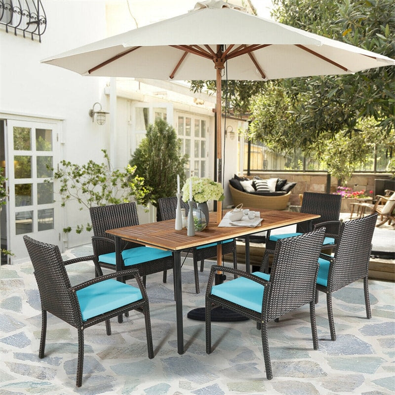 7 Piece Patio Wicker Dining Set Outdoor Acacia Wood Dining Furniture Set with Umbrella Hole & Steel Rattan Armchairs