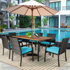 7 Piece Patio Wicker Dining Set Outdoor Acacia Wood Dining Furniture Set with Umbrella Hole & Steel Rattan Armchairs