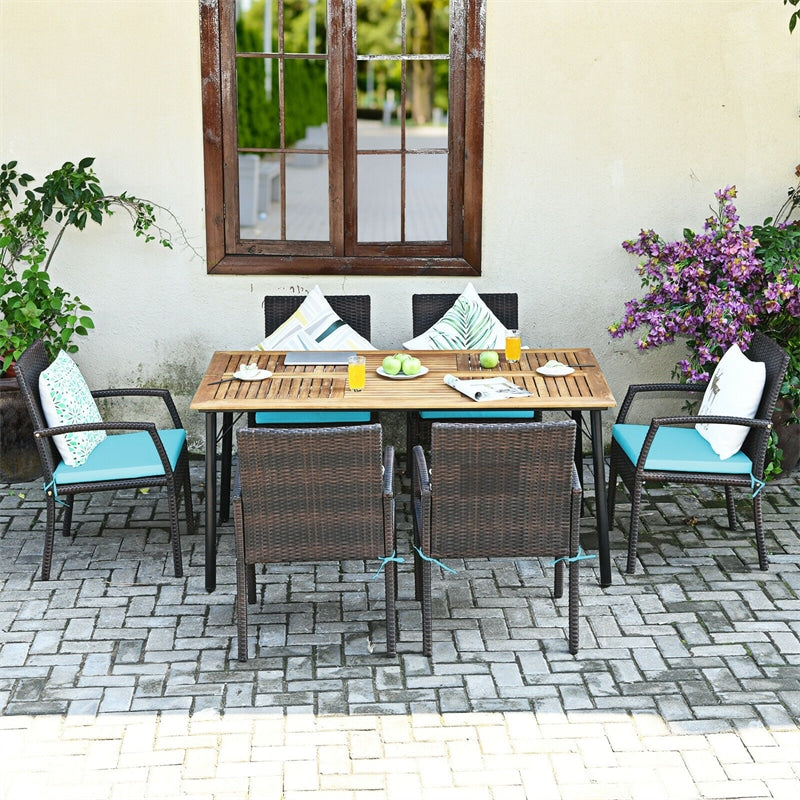 7 Piece Patio Wicker Dining Set Outdoor Acacia Wood Dining Furniture Set with Umbrella Hole & Steel Rattan Armchairs