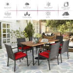 7 Piece Patio Wicker Dining Set Outdoor Acacia Wood Dining Furniture Set with Umbrella Hole & Steel Rattan Armchairs