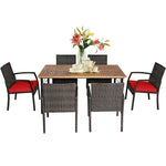 7 Piece Patio Wicker Dining Set Outdoor Acacia Wood Dining Furniture Set with Umbrella Hole & Steel Rattan Armchairs