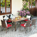 7 Piece Patio Wicker Dining Set Outdoor Acacia Wood Dining Furniture Set with Umbrella Hole & Steel Rattan Armchairs