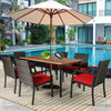 7 Piece Patio Wicker Dining Set Outdoor Acacia Wood Dining Furniture Set with Umbrella Hole & Steel Rattan Armchairs