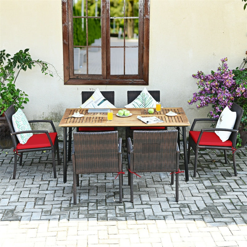 7 Piece Patio Wicker Dining Set Outdoor Acacia Wood Dining Furniture Set with Umbrella Hole & Steel Rattan Armchairs