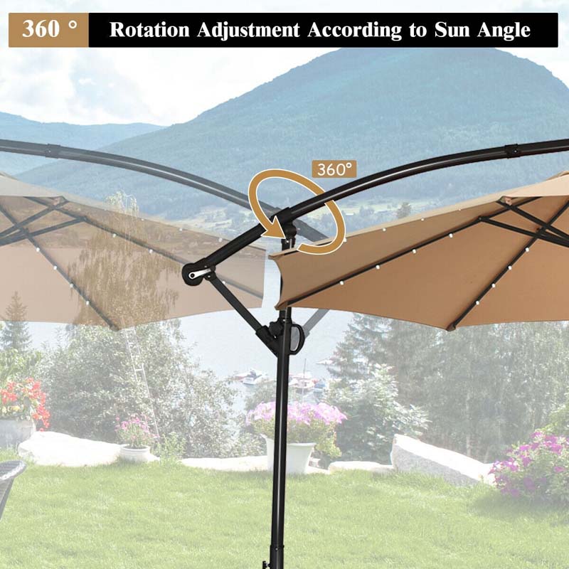 10FT Offset Patio Umbrella Solar Powered LED Outdoor Market Umbrella 360 Degree Rotation with Crank Handle & Cross Base