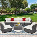 7 Piece Outdoor PE Rattan Sectional Sofa Set Modular Patio Furniture Set with Seat & Back Cushions, 2 Throw Pillows, Coffee Table