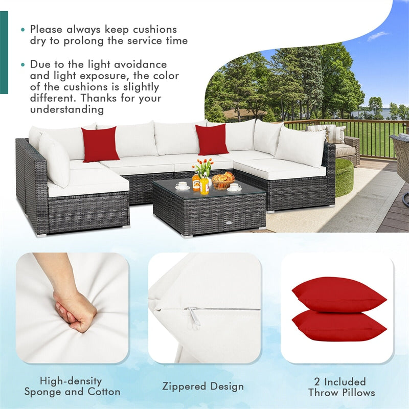 7 Piece Outdoor PE Rattan Sectional Sofa Set Modular Patio Furniture Set with Seat & Back Cushions, 2 Throw Pillows, Coffee Table