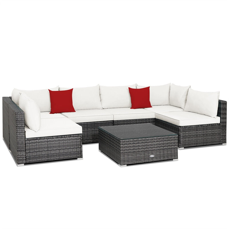 7 Piece Outdoor PE Rattan Sectional Sofa Set Modular Patio Furniture Set with Seat & Back Cushions, 2 Throw Pillows, Coffee Table