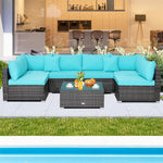 7 Piece Outdoor PE Rattan Sectional Sofa Set Modular Patio Furniture Set with Seat & Back Cushions, 2 Throw Pillows, Coffee Table