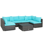 7 Piece Outdoor PE Rattan Sectional Sofa Set Modular Patio Furniture Set with Seat & Back Cushions, 2 Throw Pillows, Coffee Table