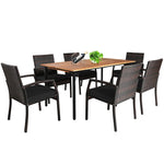 7 Piece Patio Wicker Dining Set Outdoor Acacia Wood Dining Furniture Set with Umbrella Hole & Steel Rattan Armchairs