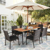 7 Piece Patio Wicker Dining Set Outdoor Acacia Wood Dining Furniture Set with Umbrella Hole & Steel Rattan Armchairs