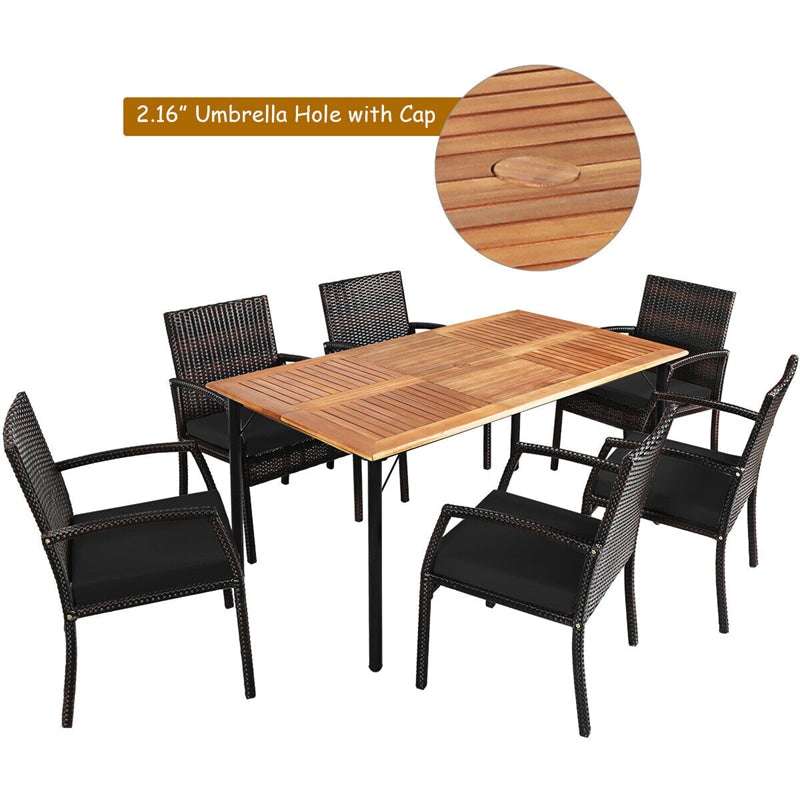 7 Piece Patio Wicker Dining Set Outdoor Acacia Wood Dining Furniture Set with Umbrella Hole & Steel Rattan Armchairs