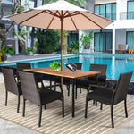 7 Piece Patio Wicker Dining Set Outdoor Acacia Wood Dining Furniture Set with Umbrella Hole & Steel Rattan Armchairs