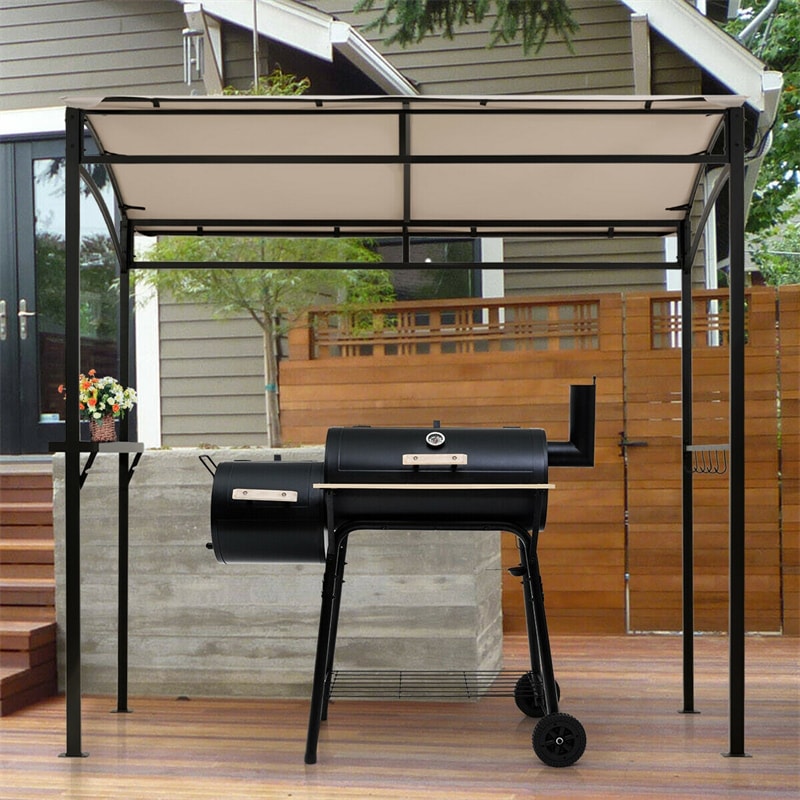 7' x 4.5' Outdoor Grill Gazebo Patio BBQ Canopy with Serving Shelf & Storage Hooks, Steel Frame Curved Roof Barbecue Shelter for Garden Backyard