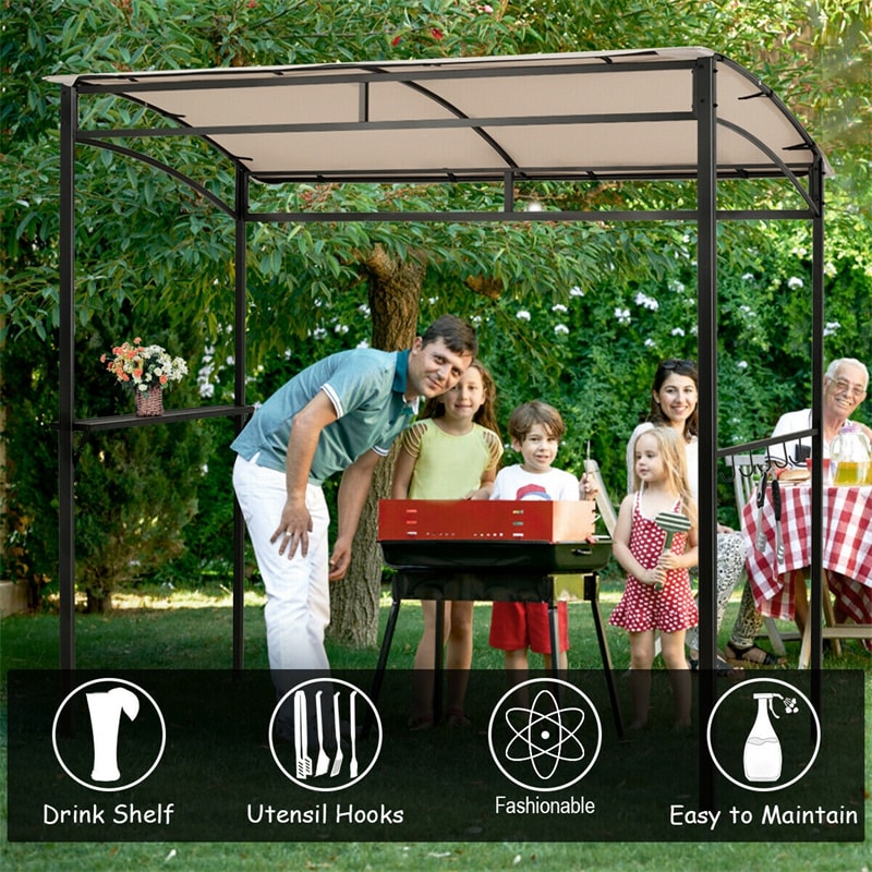 7' x 4.5' Outdoor Grill Gazebo Patio BBQ Canopy with Serving Shelf & Storage Hooks, Steel Frame Curved Roof Barbecue Shelter for Garden Backyard