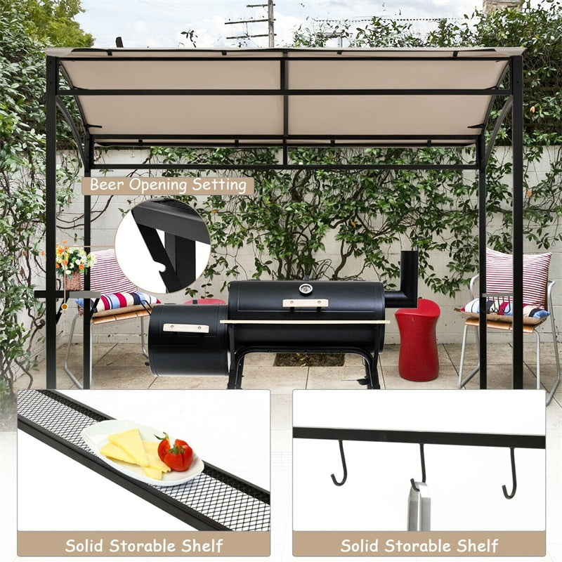 7' x 4.5' Outdoor Grill Gazebo Patio BBQ Canopy with Serving Shelf & Storage Hooks, Steel Frame Curved Roof Barbecue Shelter for Garden Backyard