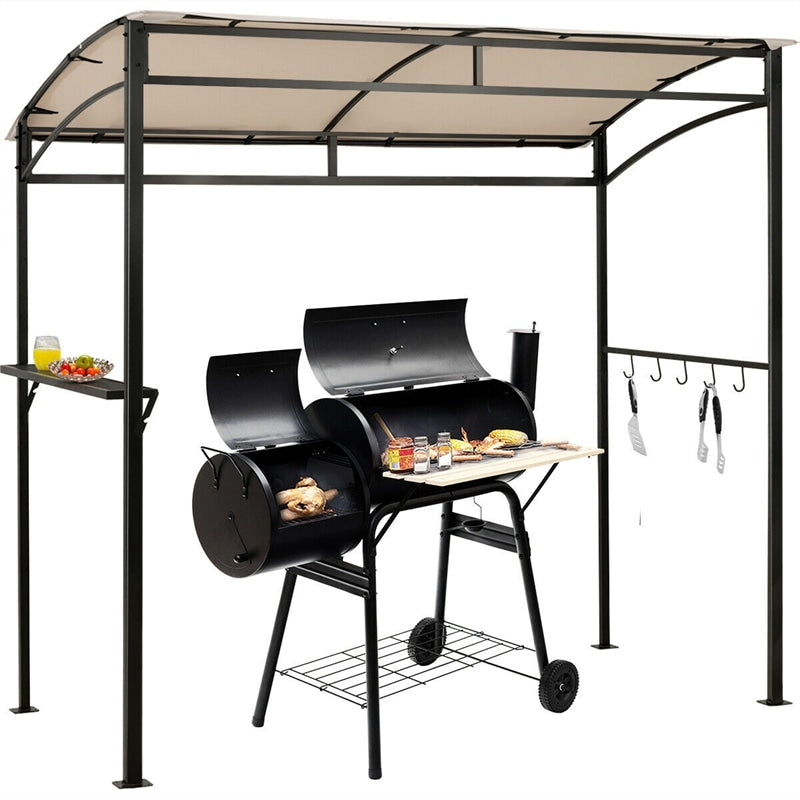 7' x 4.5' Outdoor Grill Gazebo Patio BBQ Canopy with Serving Shelf & Storage Hooks, Steel Frame Curved Roof Barbecue Shelter for Garden Backyard