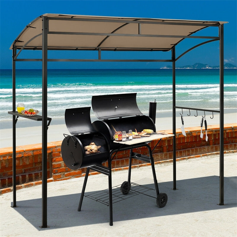 7' x 4.5' Outdoor Grill Gazebo Patio BBQ Canopy with Serving Shelf & Storage Hooks, Steel Frame Curved Roof Barbecue Shelter for Garden Backyard