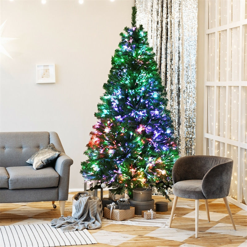 7FT Fiber Optic Christmas Tree Pre Lit Spruce Artificial Xmas Tree with 820 PVC Branch Tips & Solid Metal Stand for Indoor Holiday Decor