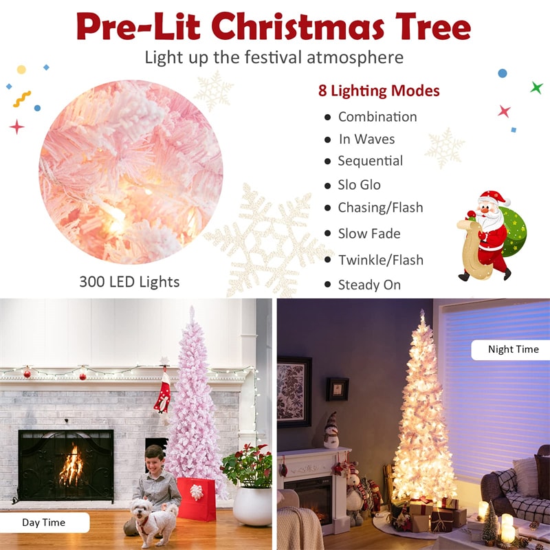 7ft Pink Pre-Lit Christmas Tree Snow Flocked Hinged Xmas Tree with 300 LED Lights, 800 Branch Tips, Artificial Slim Pencil Tree for Indoor Home Decor