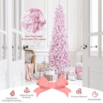 7ft Pink Pre-Lit Christmas Tree Snow Flocked Hinged Xmas Tree with 300 LED Lights, 800 Branch Tips, Artificial Slim Pencil Tree for Indoor Home Decor