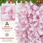 7ft Pink Pre-Lit Christmas Tree Snow Flocked Hinged Xmas Tree with 300 LED Lights, 800 Branch Tips, Artificial Slim Pencil Tree for Indoor Home Decor