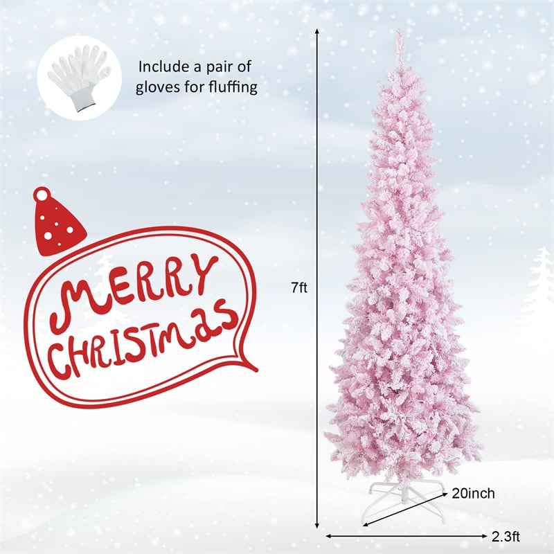 7ft Pink Pre-Lit Christmas Tree Snow Flocked Hinged Xmas Tree with 300 LED Lights, 800 Branch Tips, Artificial Slim Pencil Tree for Indoor Home Decor